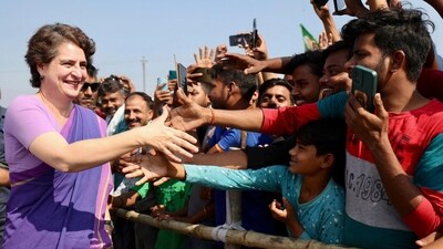 Congress MP Priyanka Gandhi Vadra greets supporters at a public rally during the Bihar Assembly elections, in Govindganj, Purvi Champaran district, Bihar. (X/@priyankagandhi)