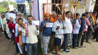 People queue to vote during the first phase of Bihar assembly election on Thursday. (PTI) People queue to vote during the first phase of Bihar assembly election on Thursday. (PTI)