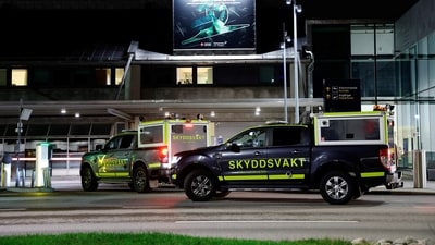 Security vehicles drive at the Gothenburg-Landvetter Airport as the airspace above was temporarily closed after drones were observed around the airport. (REUTERS)