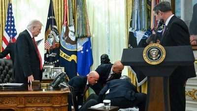 A person collapsed during the Oval Office meeting where President Trump and executives of Eli Lily and Novo Nordisk were present. (AFP) A person collapsed during the Oval Office meeting where President Trump and executives of Eli Lily and Novo Nordisk were present. (AFP)