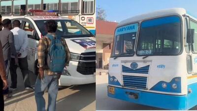 The Haryana Roadways bus that ran over six college students at the Pratap Nagar bus stand in Yamunanagar district on Thursday. Students blocked the bus stand and held a protest for two hours till the police intervened. The driver and conductor of the bus have been detained. The Haryana Roadways bus that ran over six college students at the Pratap Nagar bus stand in Yamunanagar district on Thursday. Students blocked the bus stand and held a protest for two hours till the police intervened. The driver and conductor of the bus have been detained.