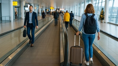 Travellers rushing through airport terminals make the most of travelators by following the golden rule - stand right, walk left. (Ai generated) Travellers rushing through airport terminals make the most of travelators by following the golden rule - stand right, walk left. (Ai generated)