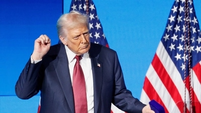President Donald Trump dances after delivering remarks at the America Business Forum in Miami, Florida. (REUTERS)