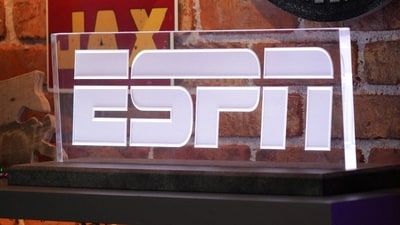 The ESPN logo at the Super Bowl LIX media center at the Ernest N. Morial Convention Center. (USA TODAY Sports via Reuters Con)