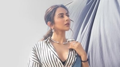 Rakul Preet Singh steps out in a denim-stripped outfit for the promotions. (Instagram/rakulpreet) Rakul Preet Singh steps out in a denim-stripped outfit for the promotions. (Instagram/rakulpreet)