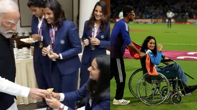 Pratika Rawal receives a snack from Narendra Modi during the Indian team's official visit. Pratika Rawal receives a snack from Narendra Modi during the Indian team's official visit.