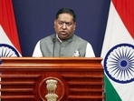 MEA spokesperson Randhir Jaiswal addresses a MEA Press Conference, in New Delhi. 