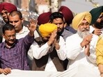 Aam Aadmi Party national convener Arvind Kejriwal, Punjab CM Bhagwant Mann and party candidate Harmeet Singh Sandhu during a roadshow for the Tarn Taran assembly byelection on Thursday. (ANI) Aam Aadmi Party national convener Arvind Kejriwal, Punjab CM Bhagwant Mann and party candidate Harmeet Singh Sandhu during a roadshow for the Tarn Taran assembly byelection on Thursday. (ANI)
