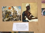 In his collage, Louvre Remix, the Beninese sculptor Georges Adeagbo places Eugene Delacroix’s famous painting of Liberty striding through a battlefield beside Marie-Guillemine Benoist’s Portrait of a Black Woman dressed in the colours of the French flag – a seeming reminder that while the French standard (held aloft in the Liberty painting) signals freedom to those at home, it has meant very different things when it has travelled. (Mennour Archives, Paris) In his collage, Louvre Remix, the Beninese sculptor Georges Adeagbo places Eugene Delacroix’s famous painting of Liberty striding through a battlefield beside Marie-Guillemine Benoist’s Portrait of a Black Woman dressed in the colours of the French flag – a seeming reminder that while the French standard (held aloft in the Liberty painting) signals freedom to those at home, it has meant very different things when it has travelled. (Mennour Archives, Paris)