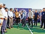 Punjab governor and UT administrator Gulab Chand Kataria during the centenary celebrations of Indian hockey at the Sector-42 hockey stadium in Chandigarh on Friday. (HT File)