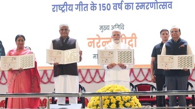Prime Minister Narendra Modi during an event marking 150 years of the national song ‘Vande Mataram’, at the Indira Gandhi Indoor (IGI) Stadium, in New Delhi on Friday. ( PMO) Prime Minister Narendra Modi during an event marking 150 years of the national song ‘Vande Mataram’, at the Indira Gandhi Indoor (IGI) Stadium, in New Delhi on Friday. ( PMO)