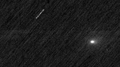 A black space background with stars as white streaks and a single fuzzy white dot, comet 3I/ATLAS in an image created from ESA’s ExoMars Trace Gas Orbiter October 3, 2025. (ESA/TGO/CaSSIS/Handout via REUTERS)