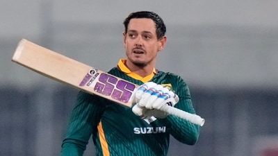 South Africa's Quinton de Kock celebrates after his century (AP)