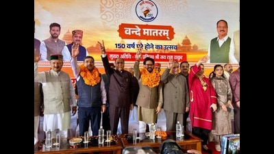 BJP MP from Hamirpur Anurag Thakur along with other BJP leaders addressing during an event in Shimla on Friday. (Deepak Sansta/HT)