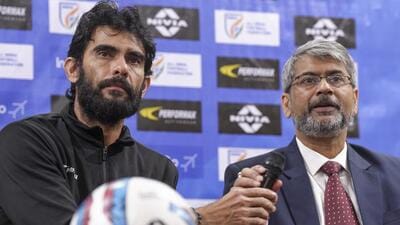 Bengaluru: All India Football Federation President Kalyan Chaubey with Indian Men's National Football Team head coach Khalid Jamil during a press conference to announce 23-member squad for the CAFA Nations Cup, in Bengaluru, Karnataka, Monday, Aug. 25, 2025. (PTI Photo/Shailendra Bhojak) (PTI08_25_2025_000135A) (PTI) Bengaluru: All India Football Federation President Kalyan Chaubey with Indian Men's National Football Team head coach Khalid Jamil during a press conference to announce 23-member squad for the CAFA Nations Cup, in Bengaluru, Karnataka, Monday, Aug. 25, 2025. (PTI Photo/Shailendra Bhojak) (PTI08_25_2025_000135A) (PTI)