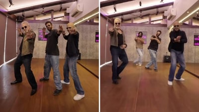 Jaaved Jaaferi, Naved Jafri, and Ravi Behl dance with Meezaan. Jaaved Jaaferi, Naved Jafri, and Ravi Behl dance with Meezaan.