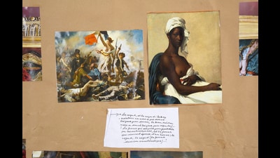 In his collage, Louvre Remix, the Beninese sculptor Georges Adeagbo places Eugene Delacroix’s famous painting of Liberty striding through a battlefield beside Marie-Guillemine Benoist’s Portrait of a Black Woman dressed in the colours of the French flag – a seeming reminder that while the French standard (held aloft in the Liberty painting) signals freedom to those at home, it has meant very different things when it has travelled. (Mennour Archives, Paris)
