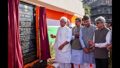 Jammu and Kashmir LG Manoj Sinha during an event marking 150 years of the national song ‘Vande Mataram’, in Jammu, on Friday. (PTI) Jammu and Kashmir LG Manoj Sinha during an event marking 150 years of the national song ‘Vande Mataram’, in Jammu, on Friday. (PTI)