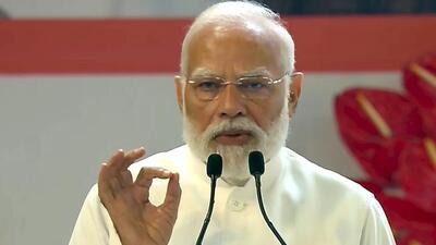 Prime Minister Narendra Modi addresses an event marking 150 years of the national song ‘Vande Mataram’, at the Indira Gandhi Indoor Stadium in New Delhi on Friday. (X) Prime Minister Narendra Modi addresses an event marking 150 years of the national song ‘Vande Mataram’, at the Indira Gandhi Indoor Stadium in New Delhi on Friday. (X)
