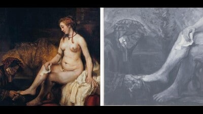 Rembrandt’s Bathsheba at Her Bath (1654) is re-imagined, by the Chinese painter Yan Pei-Ming, as a portrait of the maid. (Wikimedia; Clerin-Morin, ADAGP, Paris) Rembrandt’s Bathsheba at Her Bath (1654) is re-imagined, by the Chinese painter Yan Pei-Ming, as a portrait of the maid. (Wikimedia; Clerin-Morin, ADAGP, Paris)