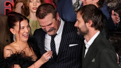 Cast members Millie Bobby Brown, David Harbour and creator Ross Duffer attend the premiere for the final season of Stranger Things at the TCL Chinese Theatre in Los Angeles, California, November 6. REUTERS/Daniel Cole (REUTERS)