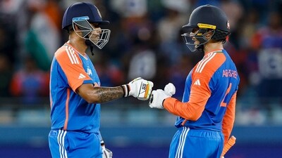 Suryakumar Yadav teased Abhishek Sharma after the fourth T20I. (Creimas/Asian Cricket Council) Suryakumar Yadav teased Abhishek Sharma after the fourth T20I. (Creimas/Asian Cricket Council)
