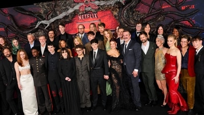 Cast members Sadie Sink, Caleb McLaughlin, Finn Wolfhard, Gaten Matarazzo, Noah Schnapp, Millie Bobby Brown, Joe Keery, Maya Hawke, Winona Ryder, David Harbour and Natalia Dyer, and creators Matt Duffer and Ross Duffer along with other cast members. (REUTERS)