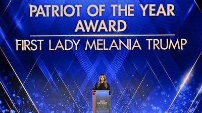 US first lady Melania Trump accepts the Patriot of the Year Award onstage during the 2025 Fox Nation Patriot Awards at Tilles Center for the Performing Arts on November 6, 2025 in New York. (AFP) US first lady Melania Trump accepts the Patriot of the Year Award onstage during the 2025 Fox Nation Patriot Awards at Tilles Center for the Performing Arts on November 6, 2025 in New York. (AFP)