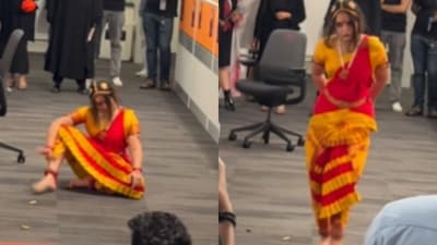 An office Halloween video showed a woman arriving as Manjulika. (Instagram/the_sushmithaa) An office Halloween video showed a woman arriving as Manjulika. (Instagram/the_sushmithaa)