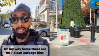 A video showed an Indian man in the United States highlighting how frequent garbage bins kept the streets clean during his walk home. (Instagram/sachhsin) A video showed an Indian man in the United States highlighting how frequent garbage bins kept the streets clean during his walk home. (Instagram/sachhsin)