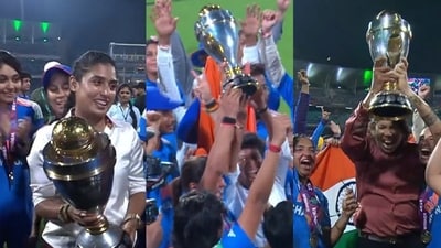 Mithali Raj, Anjum Chopra and Jhulan Goswami celebrate with the World Cup trophy during India's victory lap Mithali Raj, Anjum Chopra and Jhulan Goswami celebrate with the World Cup trophy during India's victory lap