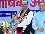 Deputy CM Brajesh Pathak at the 18th convention of the Rajkiya Nurses Sangh in Lucknow on Saturday. (Sourced)