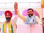 Haryana CM Nayab Singh Saini with BJP’s Tarn Tarn bypoll candidate Harjit Singh Sandhu on Friday. (HT Photo) Haryana CM Nayab Singh Saini with BJP’s Tarn Tarn bypoll candidate Harjit Singh Sandhu on Friday. (HT Photo)