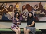 Mumbai, India - Nov. 6, 2025: (LtoR) Curator Dr Zehra Jumabhoy and Kajoli Khanna, stands near painting of Krishen Khanna during the exhibition "The Last Progressive-Krishen Khanna at 100" at NGMA in Mumbai, India, on Thursday, November 6, 2025. (Photo by Anshuman Poyrekar/Hindustan Times) (Anshuman Poyrekar/HT Photo)