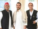 Samajwadi Party chief Akhilesh Yadav with veteran party leader Azam Khan and his son Abdullah Azam in Lucknow on Friday. (SOURCED)
