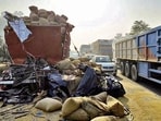 The tipper had broken down and its driver was inspecting it when the accident happened, cops said. (HT Photo)