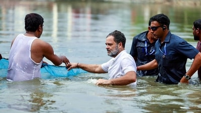Lok Sabha LoP and Congress MP Rahul Gandhi jumps into a pond and participates in a traditional process of catching fish, in Begusarai. (AICC) Lok Sabha LoP and Congress MP Rahul Gandhi jumps into a pond and participates in a traditional process of catching fish, in Begusarai. (AICC)
