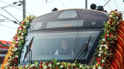 Prime Minister Narendra Modi takes a ride on Vande Bharat train after flagging off four new Vande Bharat Express trains at Banaras Railway Station, in Varanasi on Saturday. (DPR PMO)