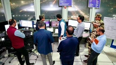 Union Minister of Civil Aviation Rammohan Naidu reviews operations after the technical glitch in the ATC messaging system at Delhi airport. (PTI) Union Minister of Civil Aviation Rammohan Naidu reviews operations after the technical glitch in the ATC messaging system at Delhi airport. (PTI)