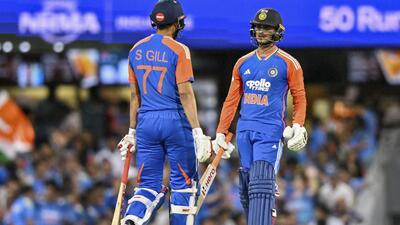 India's Shubman Gill and Abhishek Sharma during the unbroken partnership in the fifth T20I against Australia before rain washed out the game in Brisbane on Saturday. India won the rain-hit series 2-1. (PTI)
