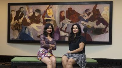 Mumbai, India - Nov. 6, 2025: (LtoR) Curator Dr Zehra Jumabhoy and Kajoli Khanna, stands near painting of Krishen Khanna during the exhibition "The Last Progressive-Krishen Khanna at 100" at NGMA in Mumbai, India, on Thursday, November 6, 2025. (Photo by Anshuman Poyrekar/Hindustan Times) (Anshuman Poyrekar/HT Photo) Mumbai, India - Nov. 6, 2025: (LtoR) Curator Dr Zehra Jumabhoy and Kajoli Khanna, stands near painting of Krishen Khanna during the exhibition "The Last Progressive-Krishen Khanna at 100" at NGMA in Mumbai, India, on Thursday, November 6, 2025. (Photo by Anshuman Poyrekar/Hindustan Times) (Anshuman Poyrekar/HT Photo)