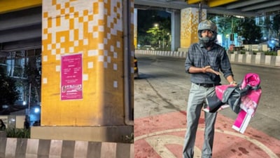 Karthik Nadar shared pictures of himself taking down the poster from a pillar. (@runkarthikrun/X) Karthik Nadar shared pictures of himself taking down the poster from a pillar. (@runkarthikrun/X)