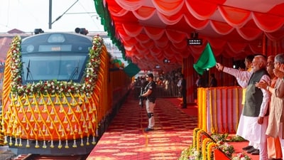 Prime Minister Narendra Modi flags off Vande Bharat Express trains at the railway station. (PMO) Prime Minister Narendra Modi flags off Vande Bharat Express trains at the railway station. (PMO)