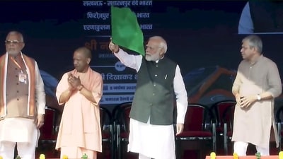 Prime Minister Narendra Modi on Saturday flagged off four new Vande Bharat Express trains (@NarendraModi) (HT_PRINT) Prime Minister Narendra Modi on Saturday flagged off four new Vande Bharat Express trains (@NarendraModi) (HT_PRINT)