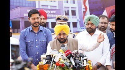 Punjab chief minister Bhagwant Mann addressing mediapersons in Batala on Saturday. Punjab chief minister Bhagwant Mann addressing mediapersons in Batala on Saturday.