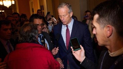 Senate Majority Leader John Thune (R-SD) speaks to members of the press as he heads to his office in the Capitol Building (Getty Images via AFP) Senate Majority Leader John Thune (R-SD) speaks to members of the press as he heads to his office in the Capitol Building (Getty Images via AFP)