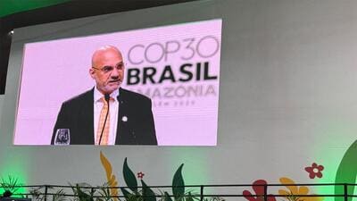 ambassador Dinesh Bhatia during his remarks on the second day of the Belém Leaders’ Summit on Saturday early morning (Photo:X/@indiainbrazil) ambassador Dinesh Bhatia during his remarks on the second day of the Belém Leaders’ Summit on Saturday early morning (Photo:X/@indiainbrazil)