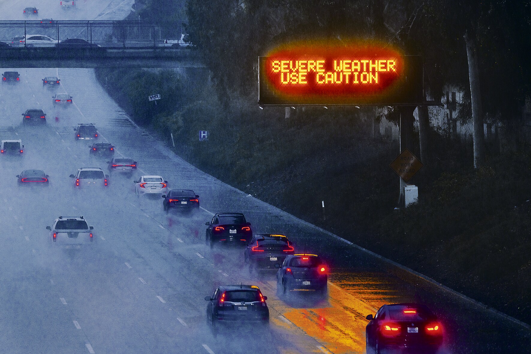 A warning sign on a freeway in Los Angeles, in February. (Getty Images) A warning sign on a freeway in Los Angeles, in February. (Getty Images)