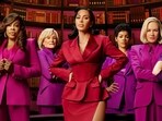 Niecy Nash, Glenn Close, Kim Kardashian, Teyana Taylor, Naomi Watts and Sarah Paulson in a still from All's Fair. 
