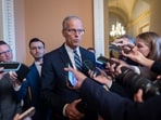 Speaking to reporters, Senate Majority Leader John Thune, R-S.D., responds to Senate Democratic Leader Chuck Schumer and Democrats